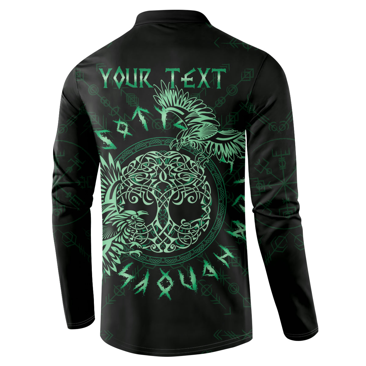 Dark button henley sweatshirt with back 'YOUR TEXT' and green raven circle graphic