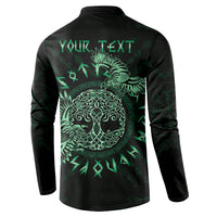 Dark button henley sweatshirt with back 'YOUR TEXT' and green raven circle graphic