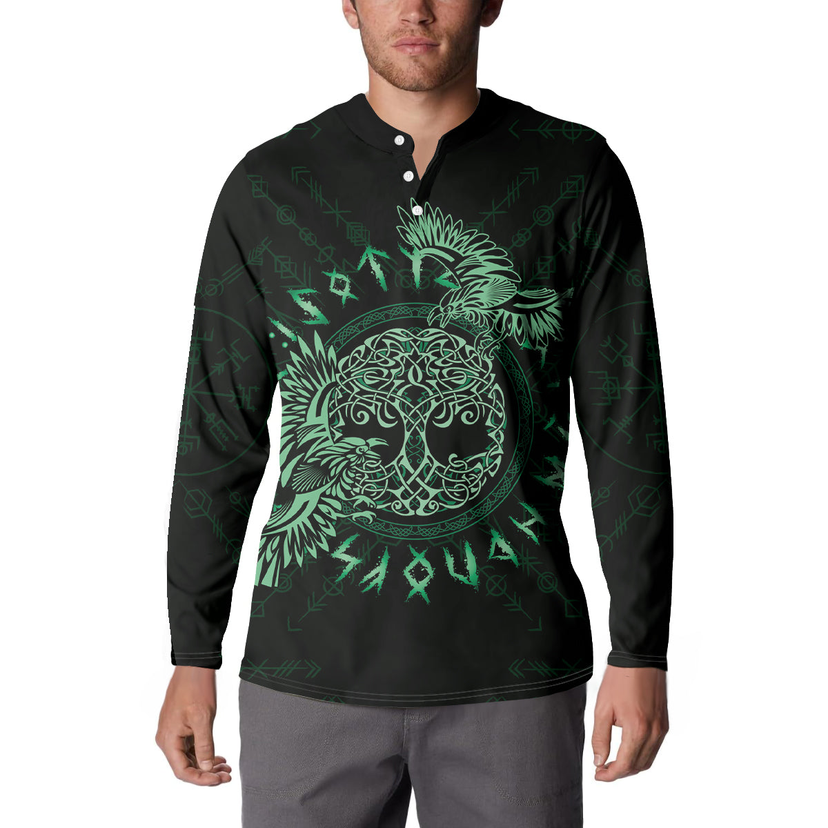 Dark button henley sweatshirt with green Celtic raven and circular tree tattoo graphic