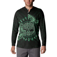 Dark button henley sweatshirt with green Celtic raven and circular tree tattoo graphic