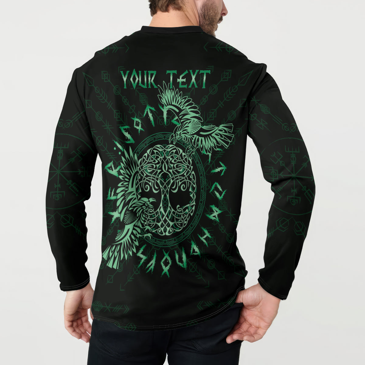 Dark button henley sweatshirt with back 'YOUR TEXT' and green raven tattoo graphic