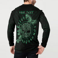 Dark button henley sweatshirt with back 'YOUR TEXT' and green raven tattoo graphic