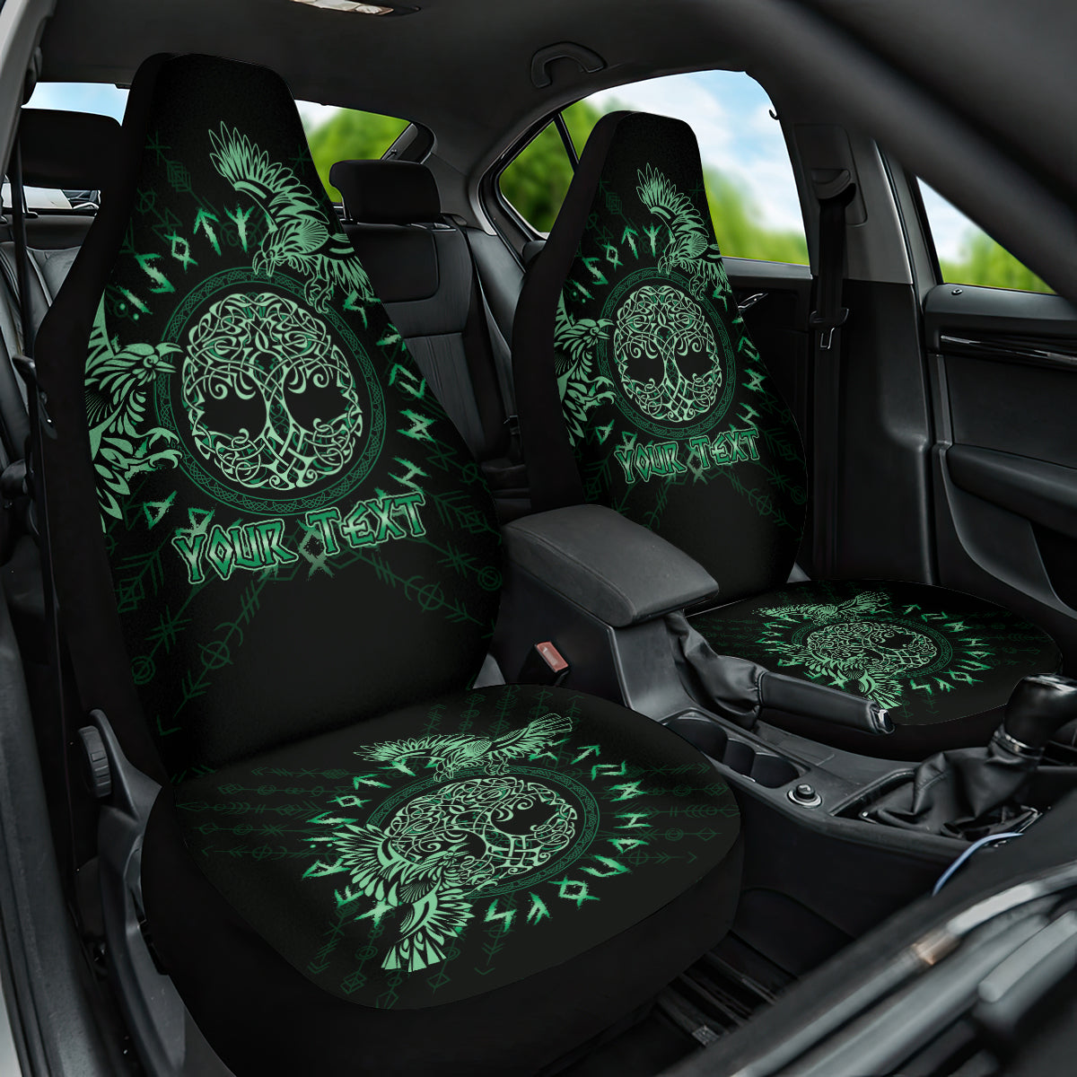 Personalized Odin's Celtic Raven Car Seat Cover Green Scandinavian Tattoo LT9 - Wonder Print Shop