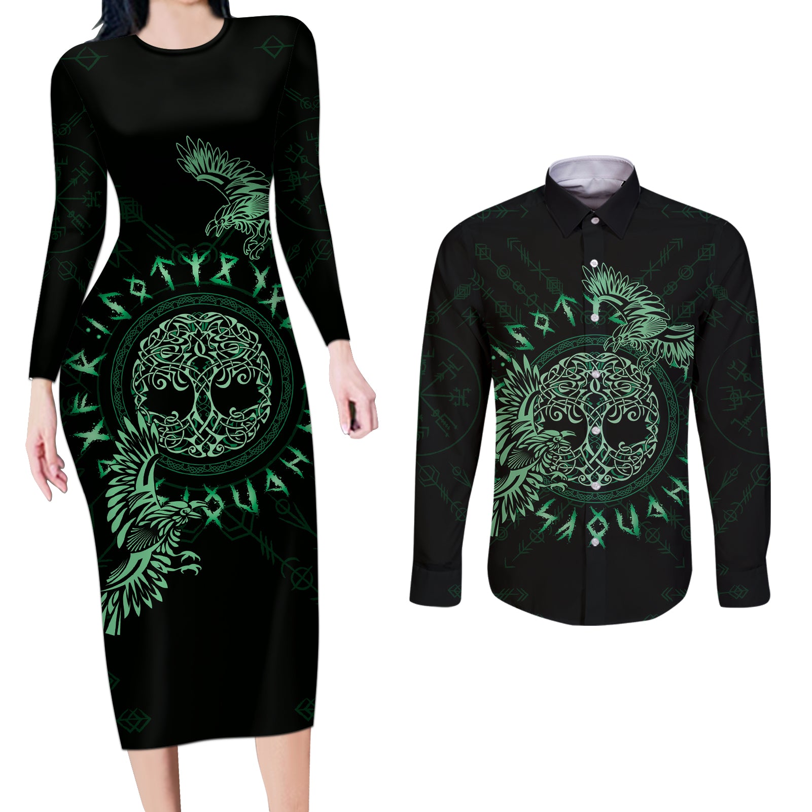 Personalized Odin's Celtic Raven Couples Matching Long Sleeve Bodycon Dress and Long Sleeve Button Shirt Green Scandinavian Tattoo LT9 - Wonder Print Shop