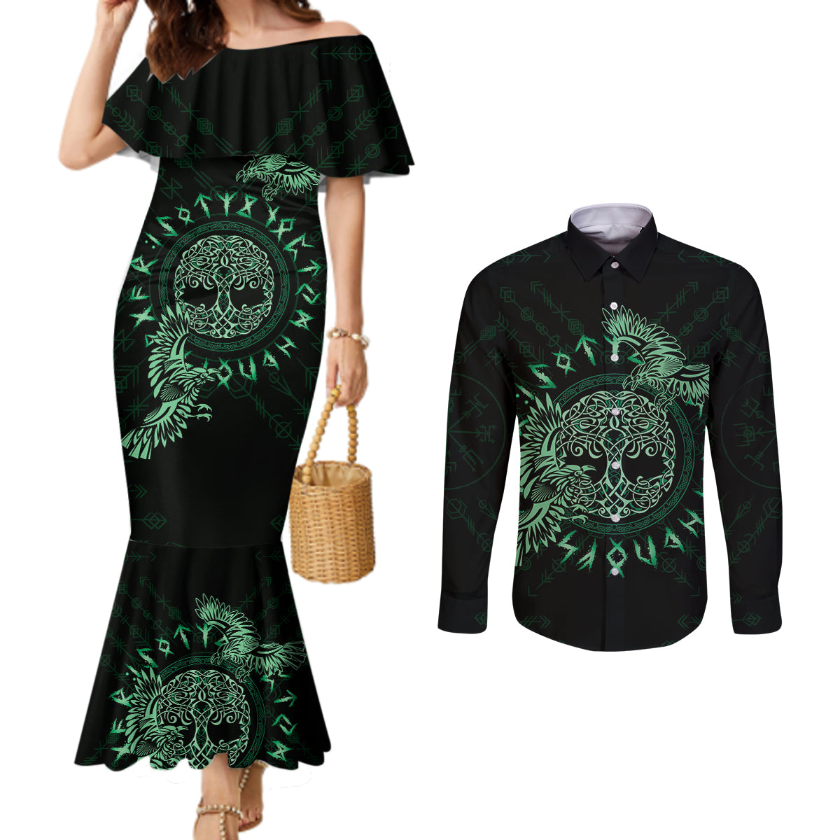 Personalized Odin's Celtic Raven Couples Matching Mermaid Dress and Long Sleeve Button Shirt Green Scandinavian Tattoo