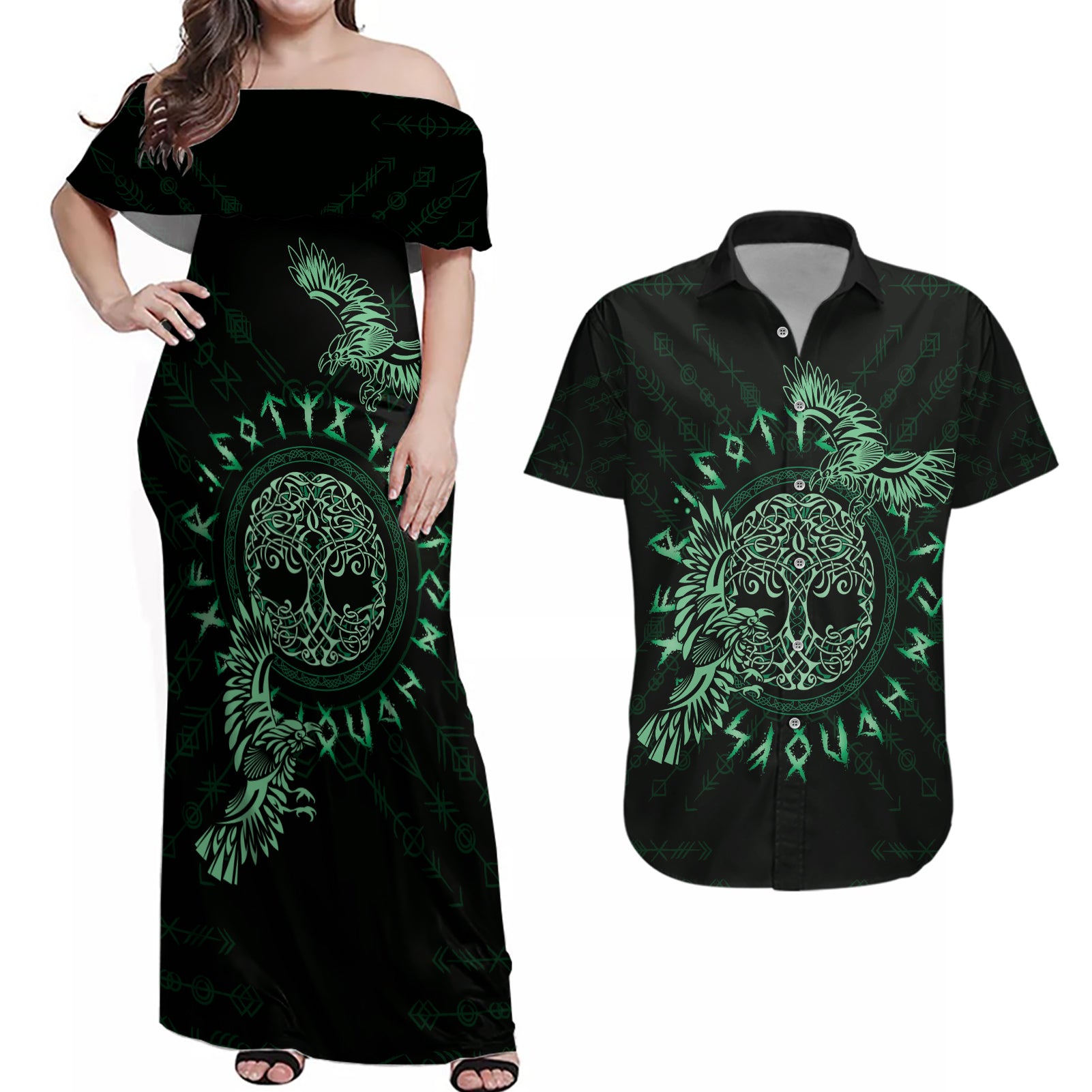 Personalized Odin's Celtic Raven Couples Matching Off Shoulder Maxi Dress and Hawaiian Shirt Green Scandinavian Tattoo LT9 - Wonder Print Shop