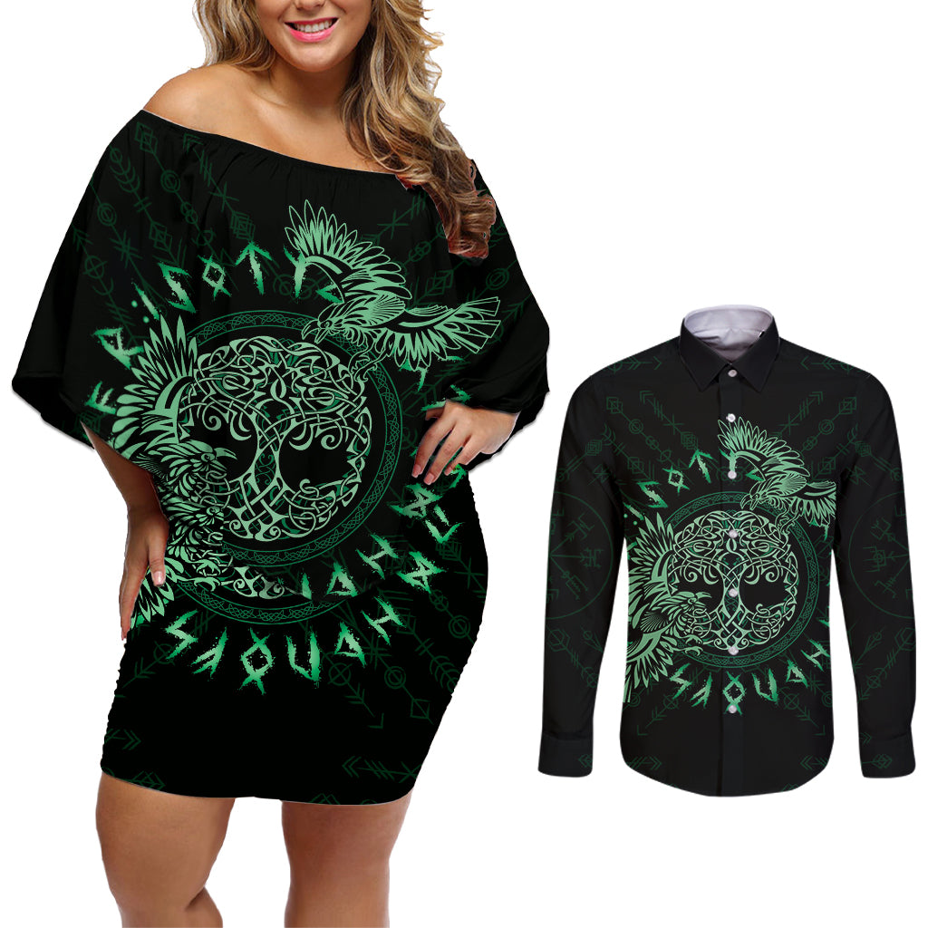 Personalized Odin's Celtic Raven Couples Matching Off Shoulder Short Dress and Long Sleeve Button Shirt Green Scandinavian Tattoo LT9 - Wonder Print Shop