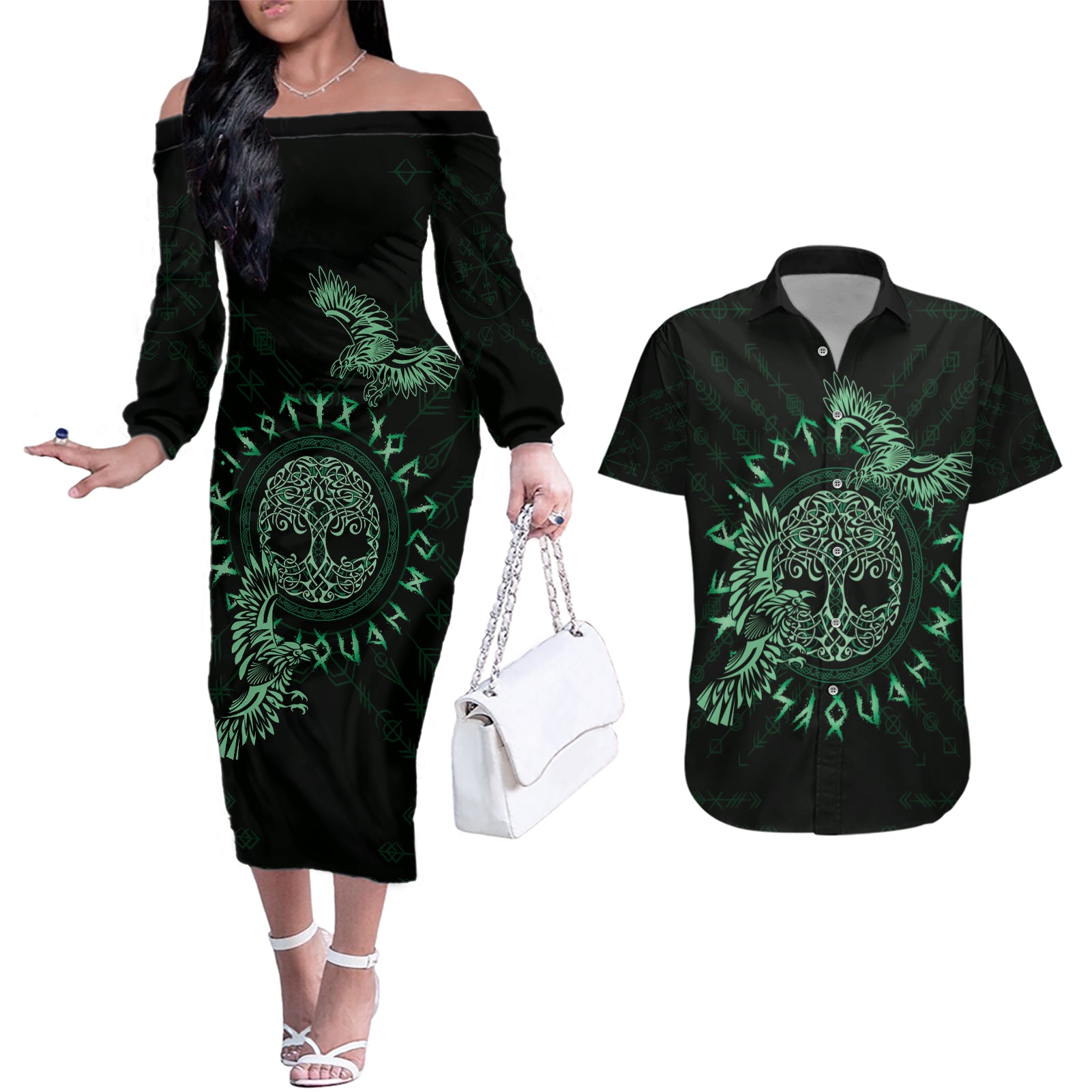 Personalized Odin's Celtic Raven Couples Matching Off The Shoulder Long Sleeve Dress and Hawaiian Shirt Green Scandinavian Tattoo LT9 - Wonder Print Shop