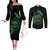 Personalized Odin's Celtic Raven Couples Matching Off The Shoulder Long Sleeve Dress and Long Sleeve Button Shirt Green Scandinavian Tattoo