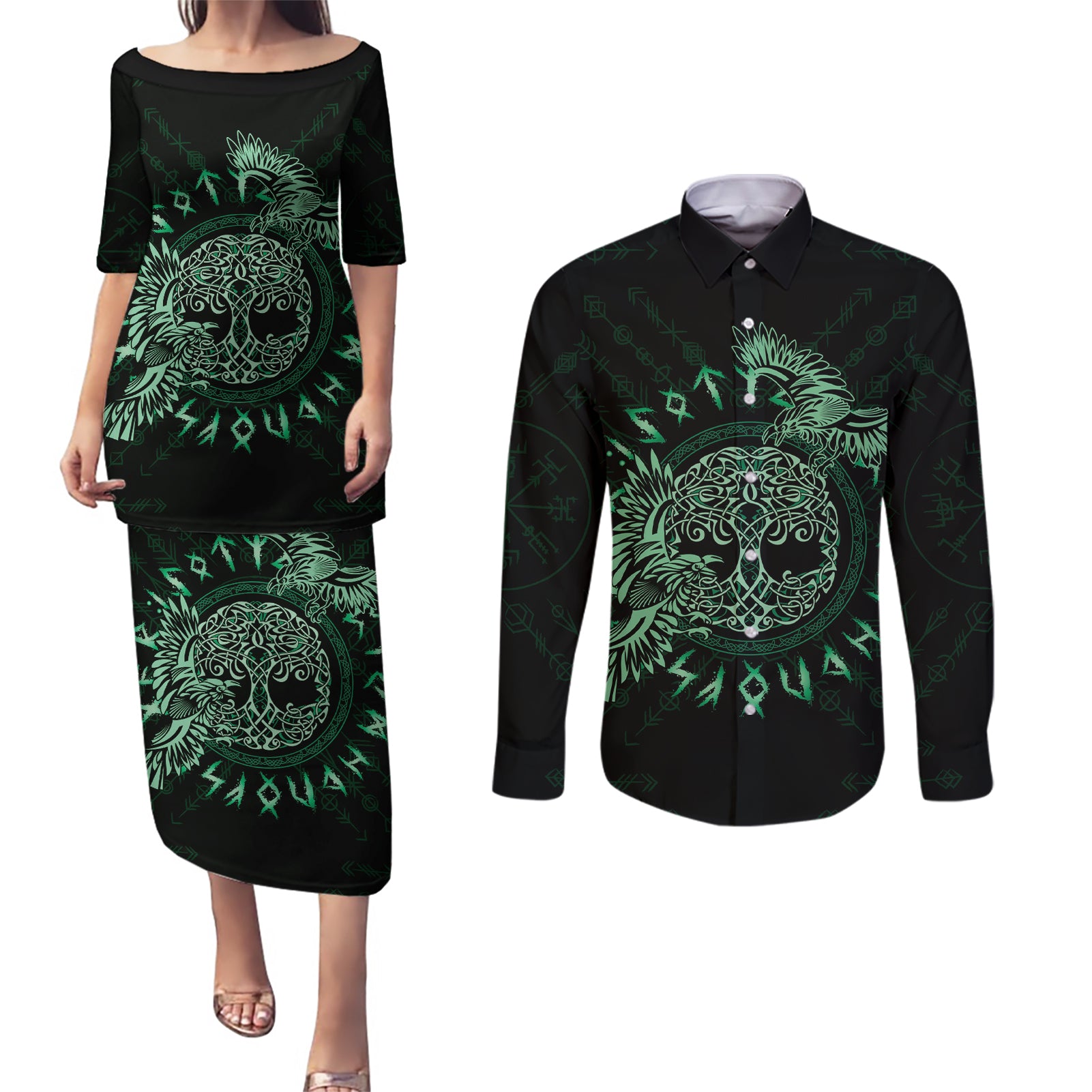 Personalized Odin's Celtic Raven Couples Matching Puletasi and Long Sleeve Button Shirt Green Scandinavian Tattoo LT9 - Wonder Print Shop