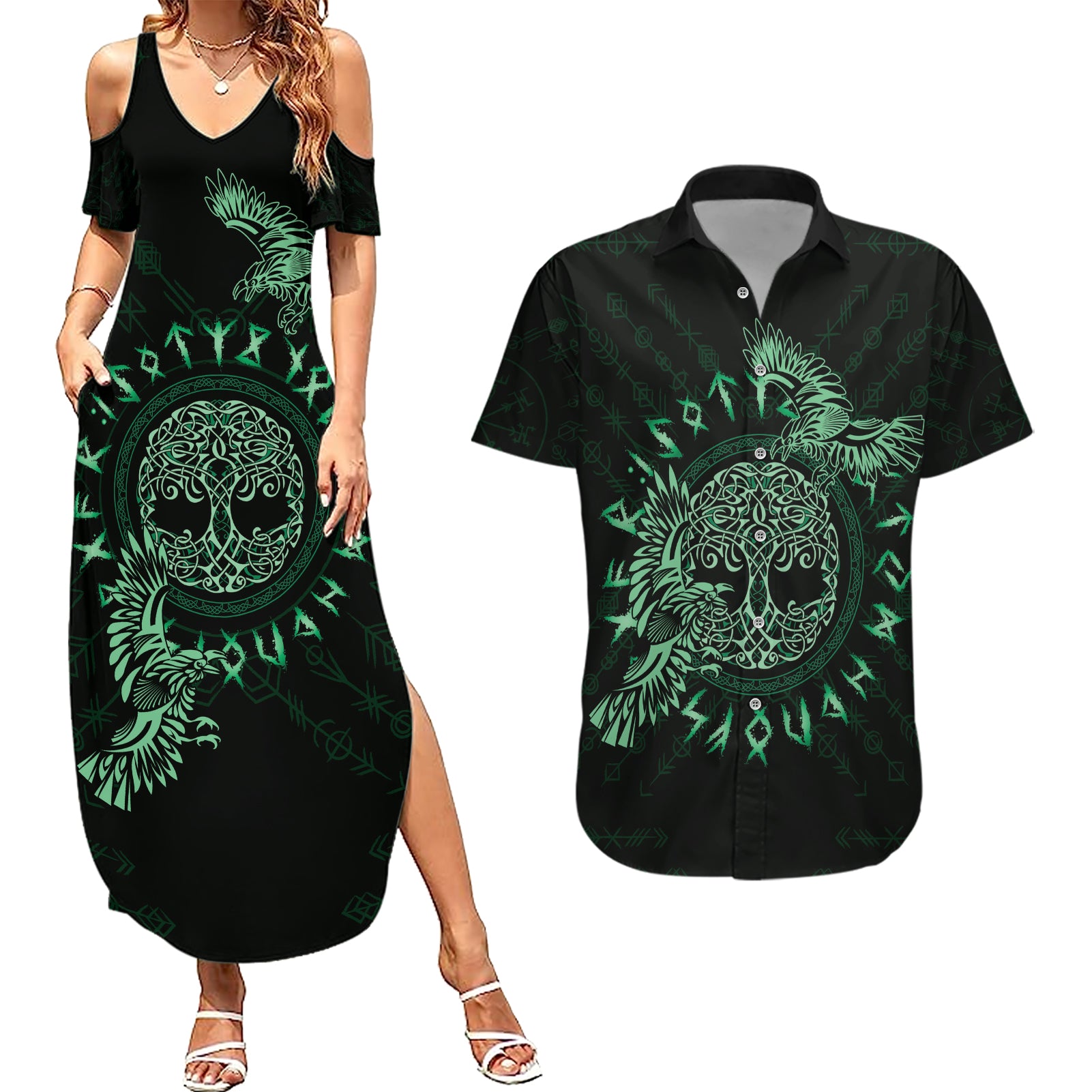 Personalized Odin's Celtic Raven Couples Matching Summer Maxi Dress and Hawaiian Shirt Green Scandinavian Tattoo LT9 - Wonder Print Shop