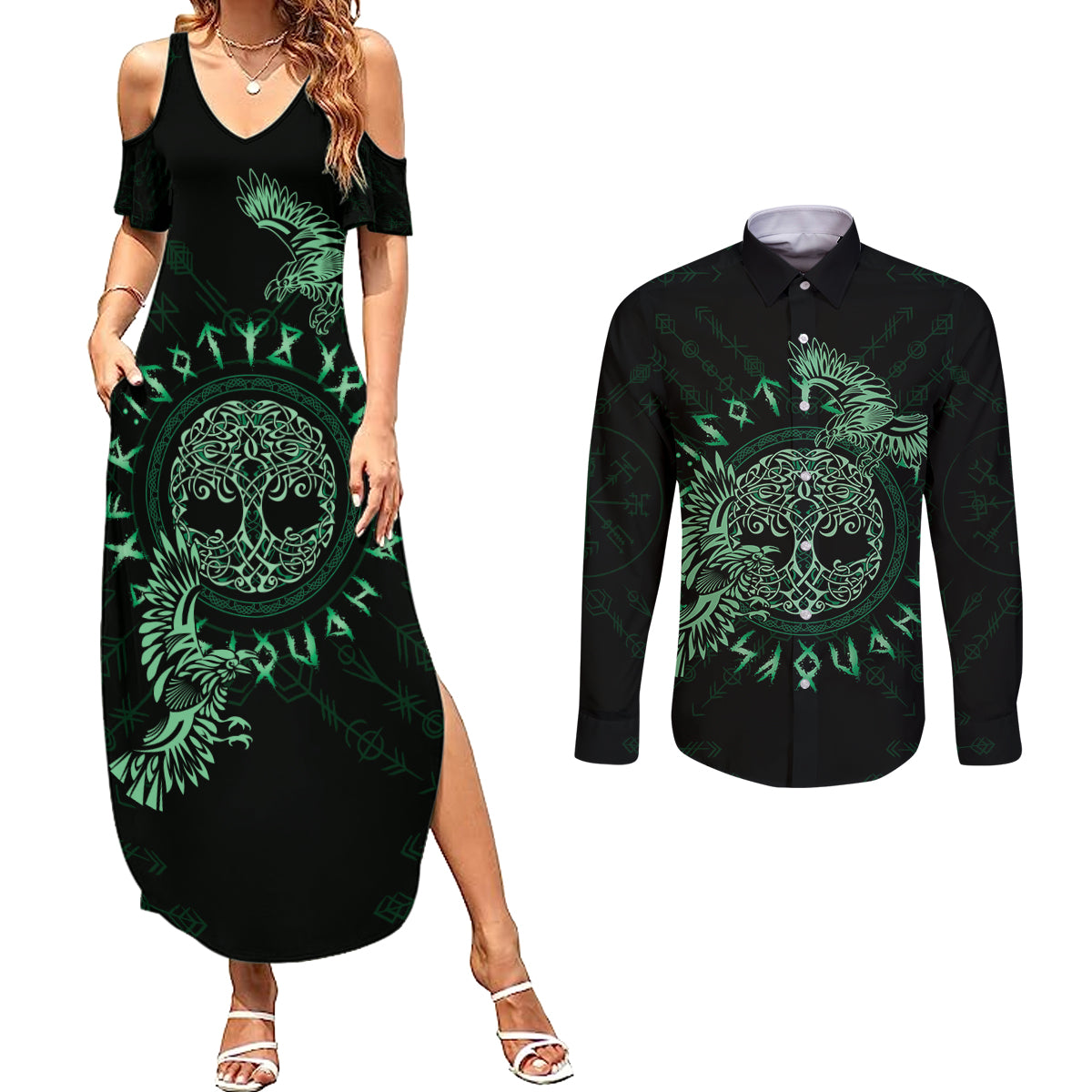 Personalized Odin's Celtic Raven Couples Matching Summer Maxi Dress and Long Sleeve Button Shirt Green Scandinavian Tattoo LT9 - Wonder Print Shop