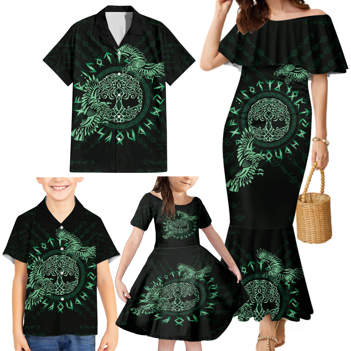 Personalized Odin's Celtic Raven Family Matching Mermaid Dress and Hawaiian Shirt Green Scandinavian Tattoo LT9 - Wonder Print Shop