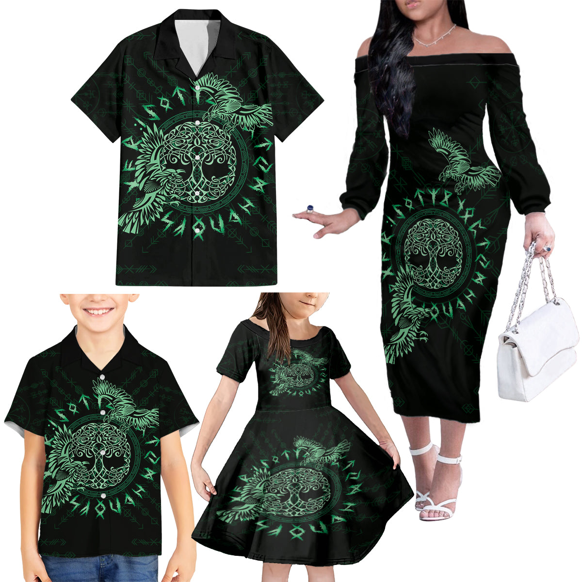 Personalized Odin's Celtic Raven Family Matching Off The Shoulder Long Sleeve Dress and Hawaiian Shirt Green Scandinavian Tattoo - Wonder Print Shop