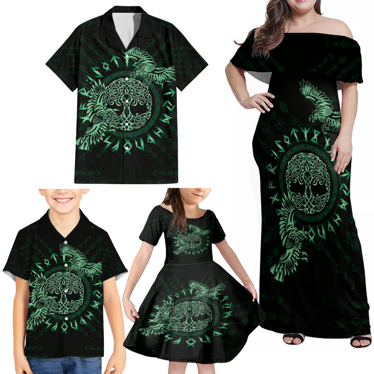 Personalized Odin's Celtic Raven Family Matching Off Shoulder Maxi Dress and Hawaiian Shirt Green Scandinavian Tattoo LT9 - Wonder Print Shop