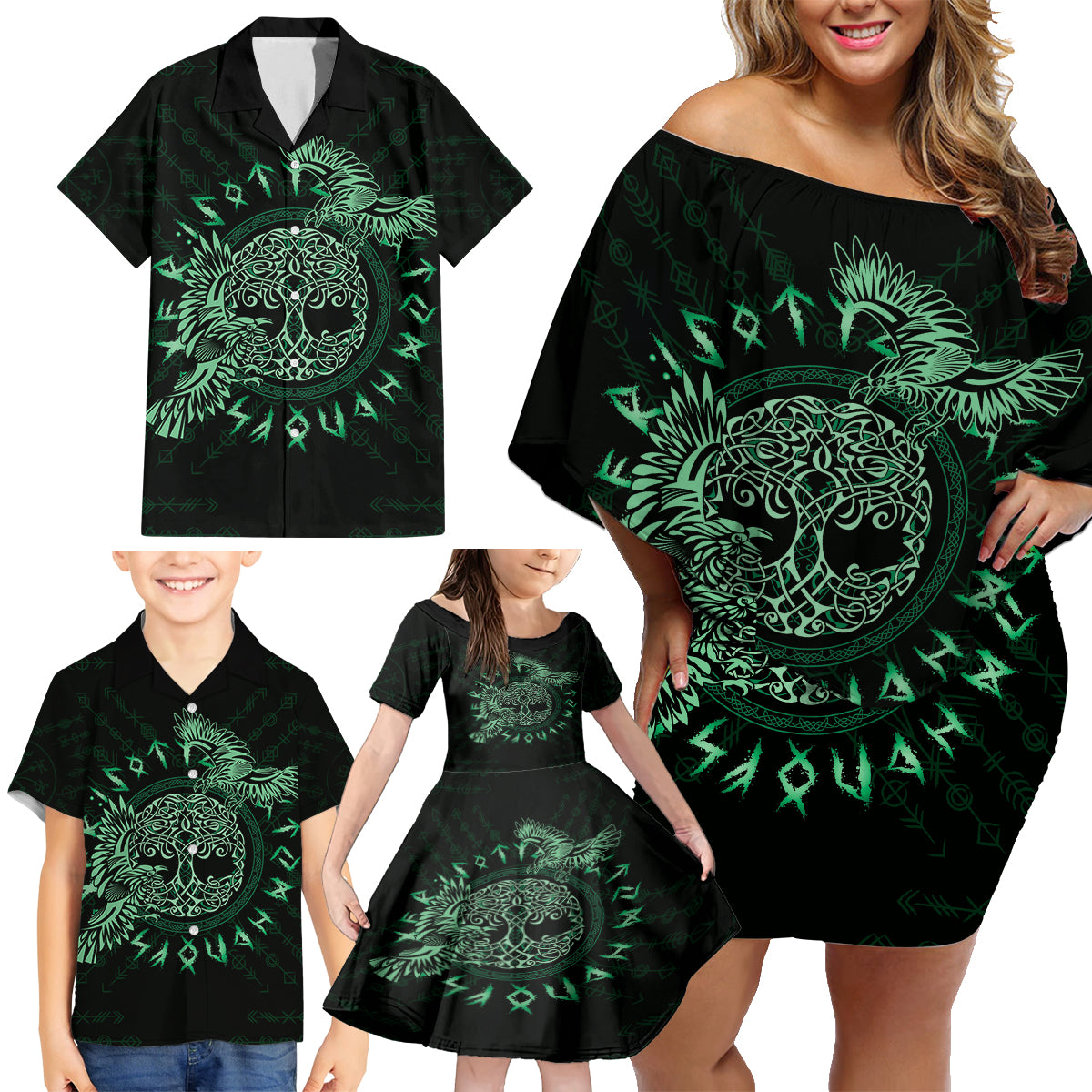 Personalized Odin's Celtic Raven Family Matching Off Shoulder Short Dress and Hawaiian Shirt Green Scandinavian Tattoo LT9 - Wonder Print Shop