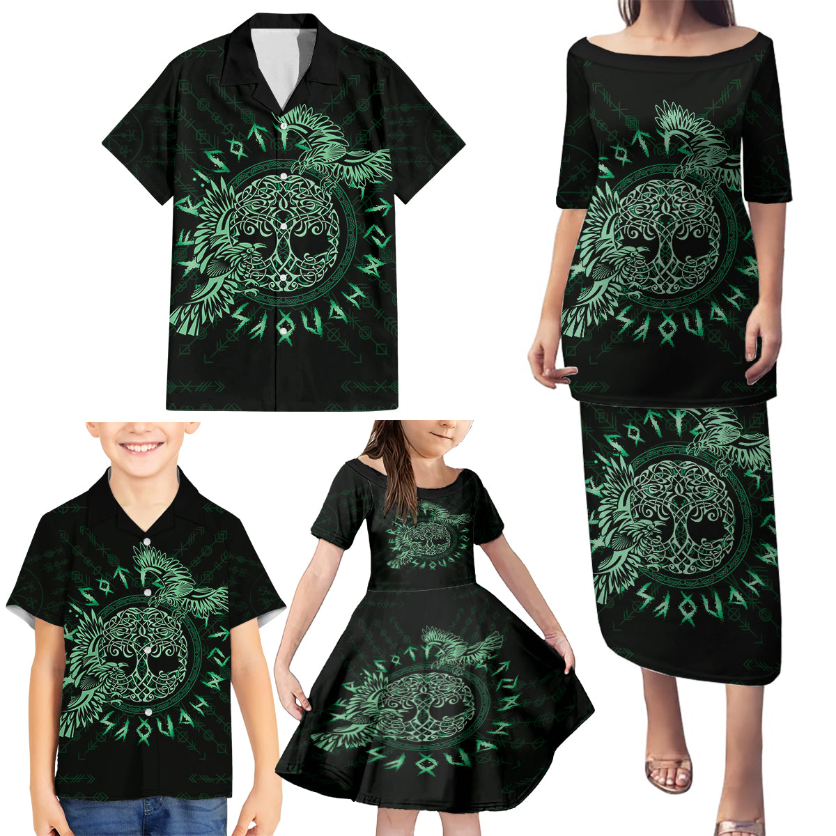 Personalized Odin's Celtic Raven Family Matching Puletasi and Hawaiian Shirt Green Scandinavian Tattoo - Wonder Print Shop