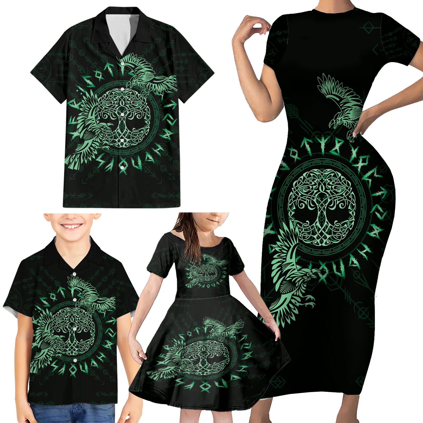 Personalized Odin's Celtic Raven Family Matching Short Sleeve Bodycon Dress and Hawaiian Shirt Green Scandinavian Tattoo - Wonder Print Shop