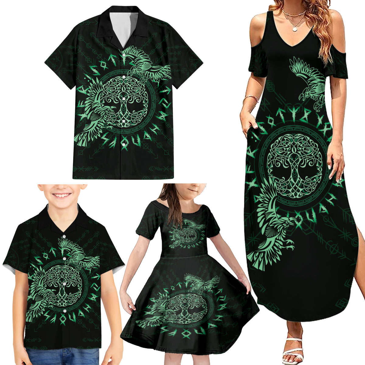 Personalized Odin's Celtic Raven Family Matching Summer Maxi Dress and Hawaiian Shirt Green Scandinavian Tattoo - Wonder Print Shop