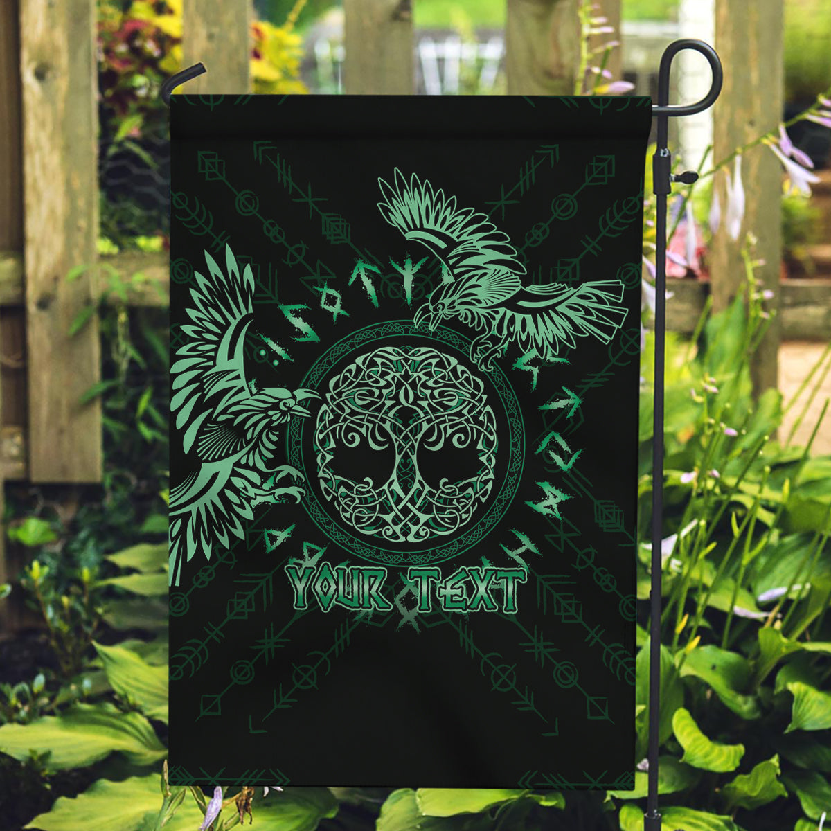 Personalized Odin's Celtic Raven Garden Flag Green Scandinavian Tattoo - Wonder Print Shop