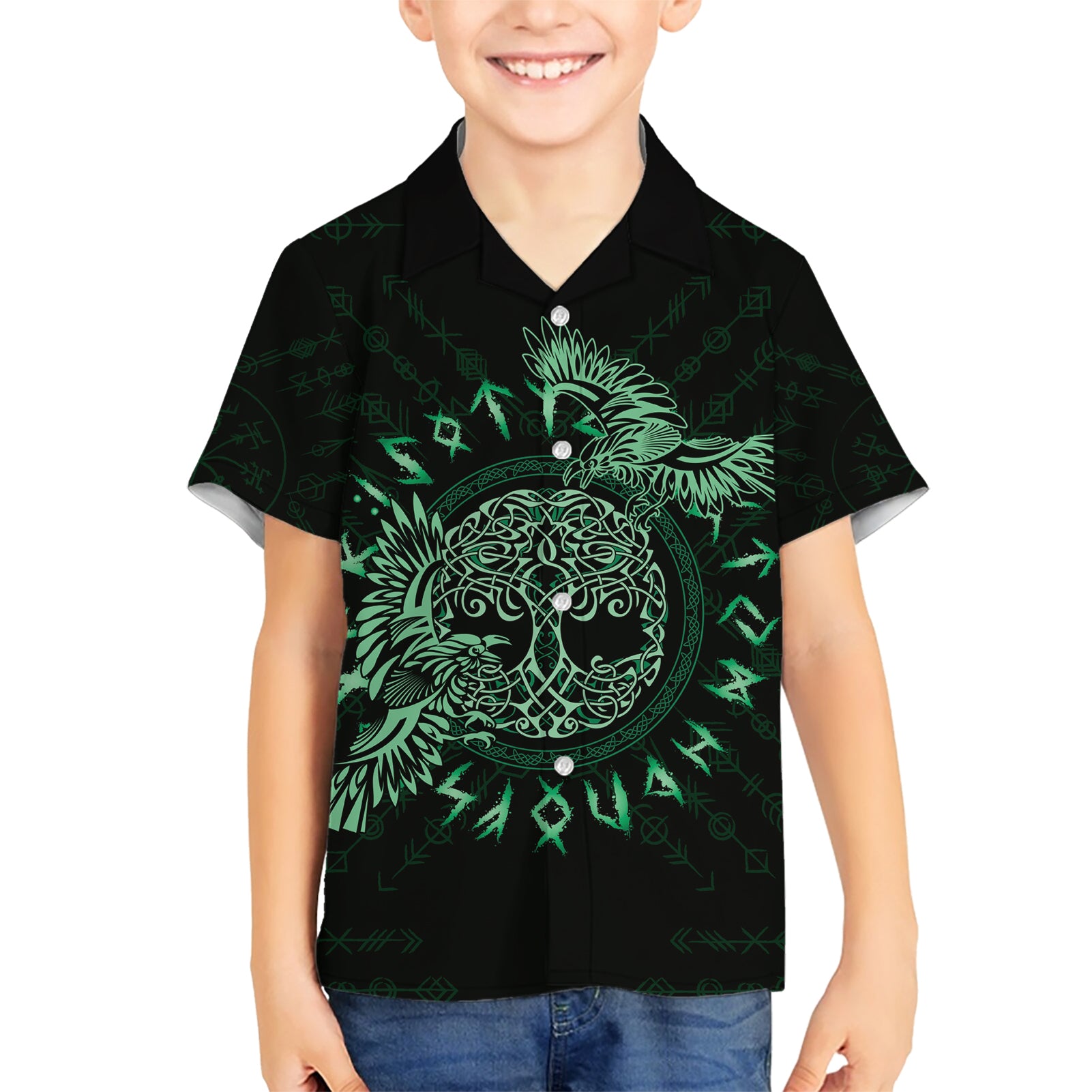 Personalized Odin's Celtic Raven Kid Hawaiian Shirt Green Scandinavian Tattoo - Wonder Print Shop