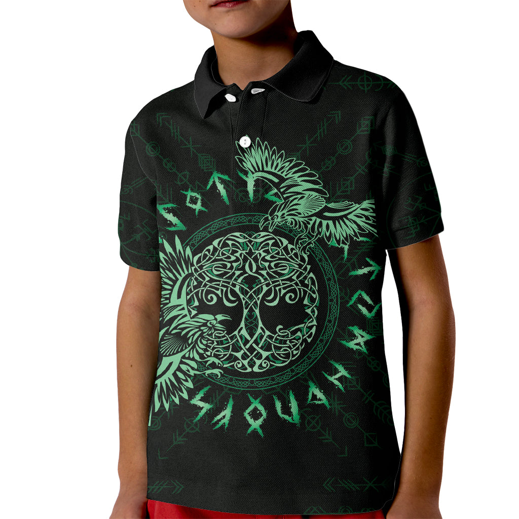 Personalized Odin's Celtic Raven Kid Polo Shirt Green Scandinavian Tattoo - Wonder Print Shop