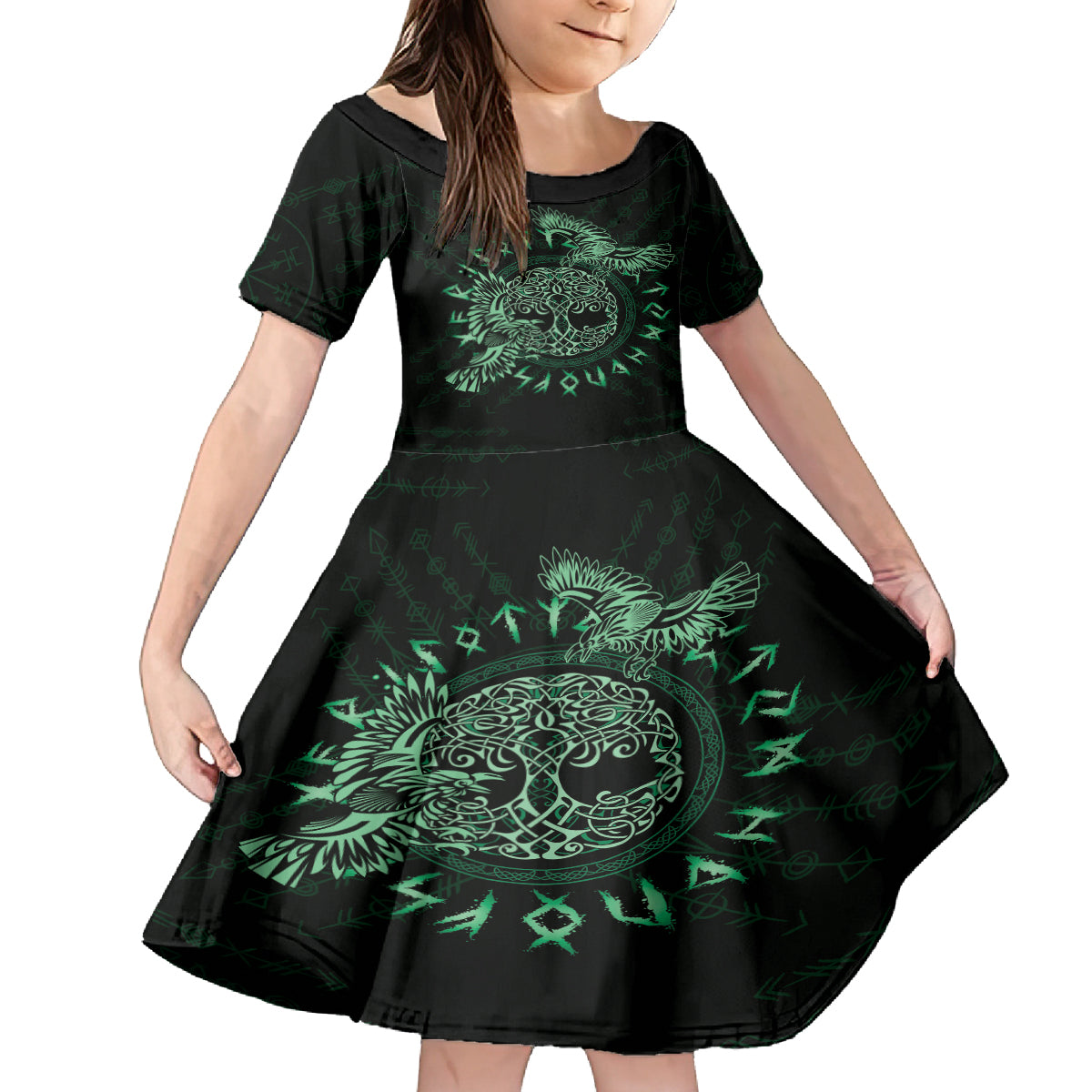 Personalized Odin's Celtic Raven Kid Short Sleeve Dress Green Scandinavian Tattoo - Wonder Print Shop