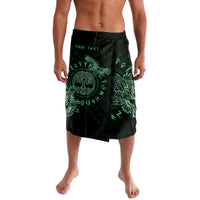 Green and black graphic lavalava with elastic waist, raven celtic print and 'YOUR TEXT'.
