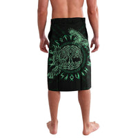 Green and black graphic lavalava with elastic waist, large raven celtic emblem on front.