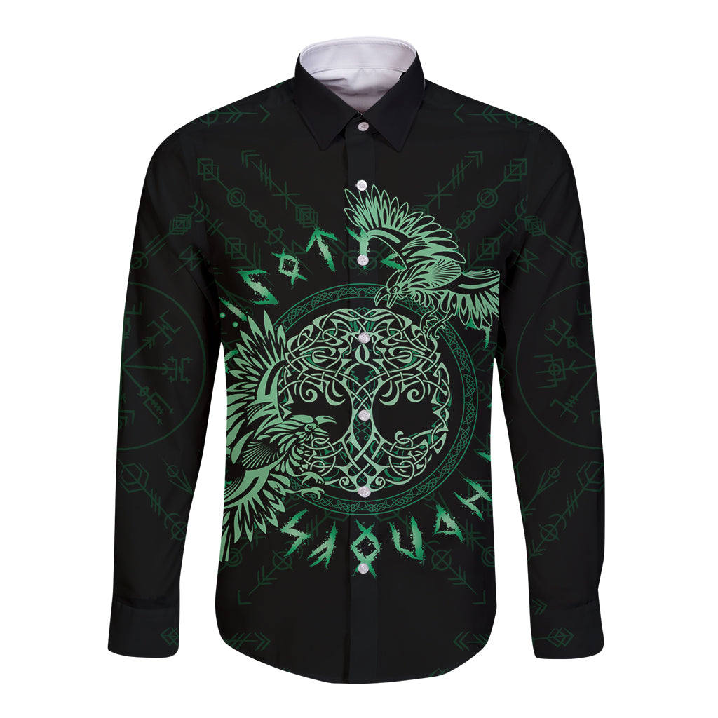 Black long sleeve button shirt with green Celtic raven and Odin-style circle graphic.