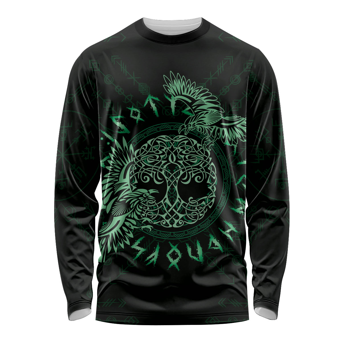 Personalized Odin's Celtic Raven Long Sleeve Shirt Green Scandinavian Tattoo - Wonder Print Shop