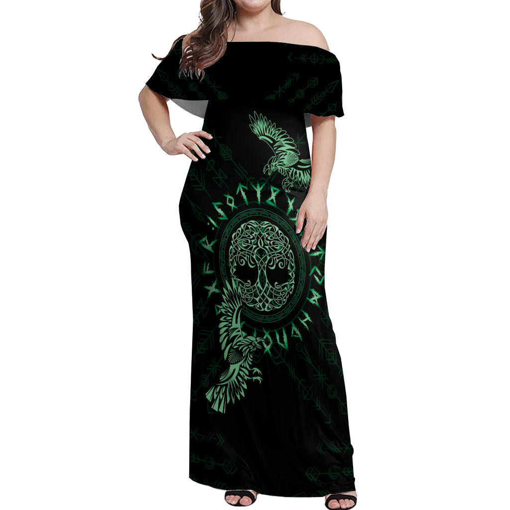 Personalized Odin's Celtic Raven Off Shoulder Maxi Dress Green Scandinavian Tattoo - Wonder Print Shop