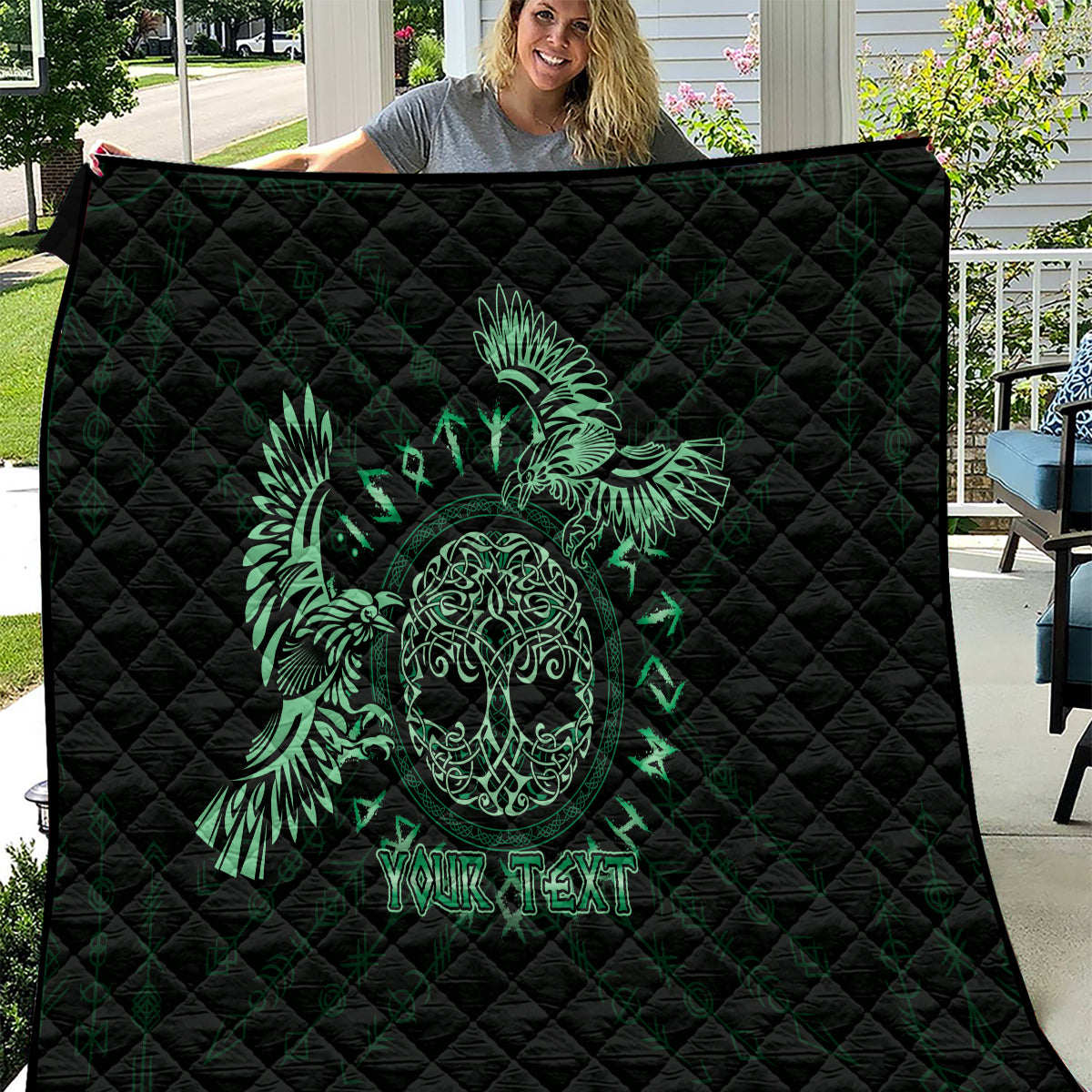 Personalized Odin's Celtic Raven Quilt Green Scandinavian Tattoo