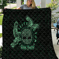 Green and black Celtic raven quilt with ornate skull face and customizable text