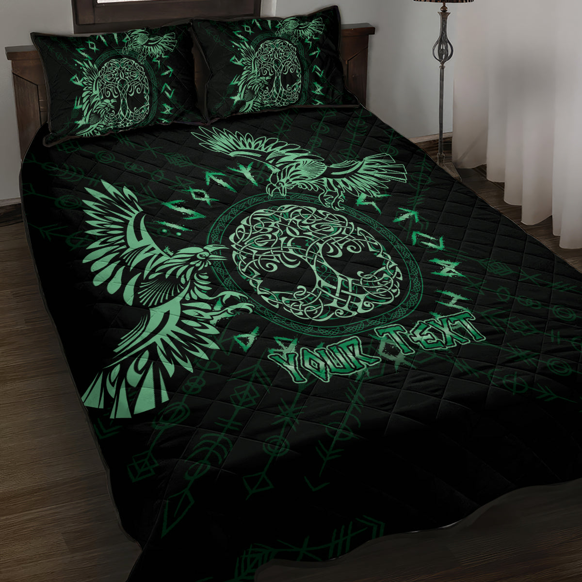 Personalized Odin's Celtic Raven Quilt Bed Set Green Scandinavian Tattoo - Wonder Print Shop