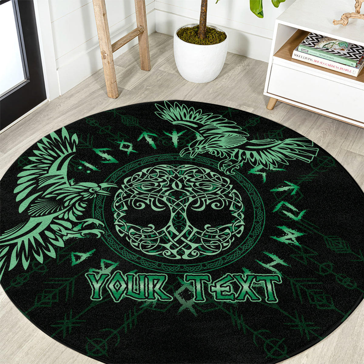 Personalized Odin's Celtic Raven Round Carpet Green Scandinavian Tattoo