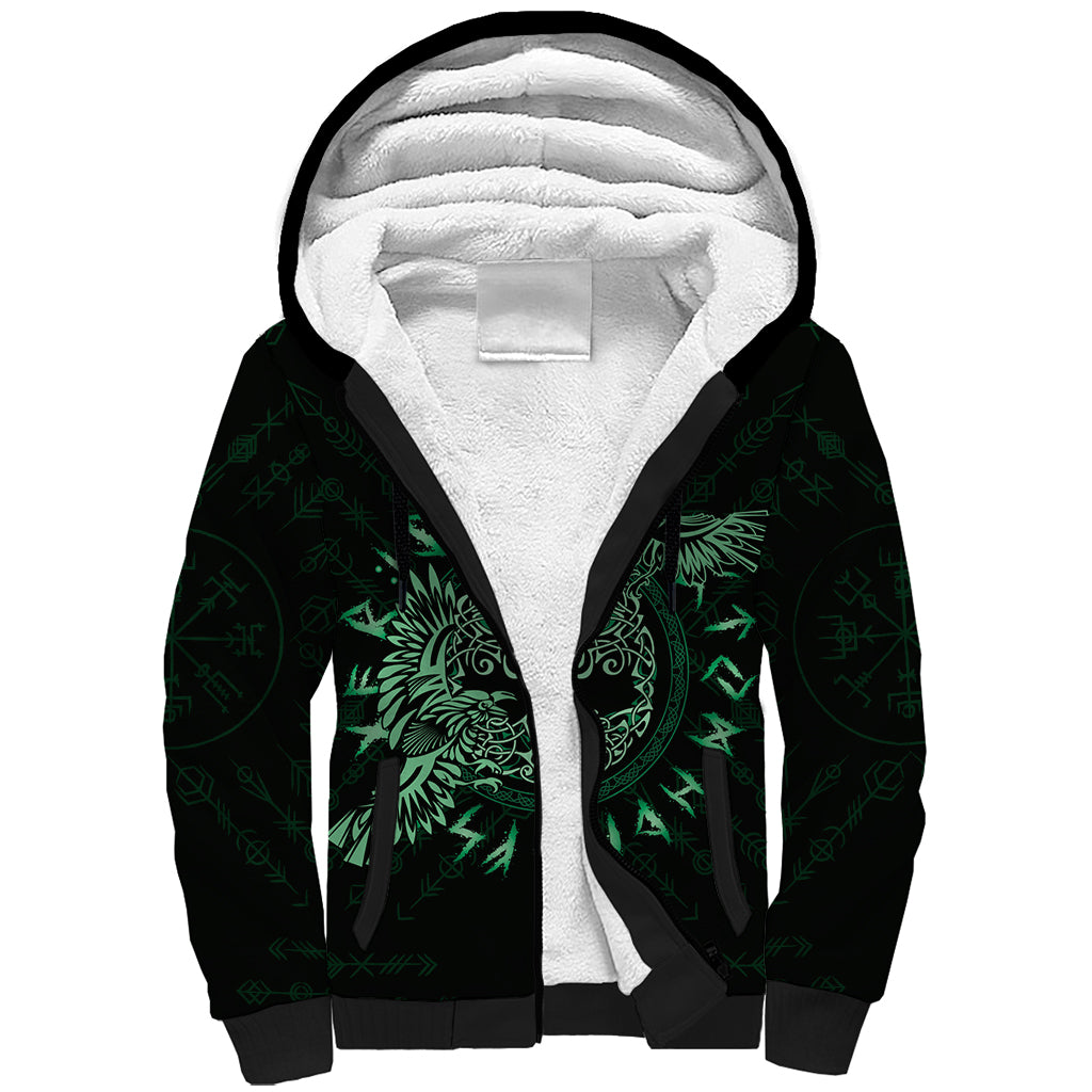 Personalized Odin's Celtic Raven Sherpa Hoodie Green Scandinavian Tattoo