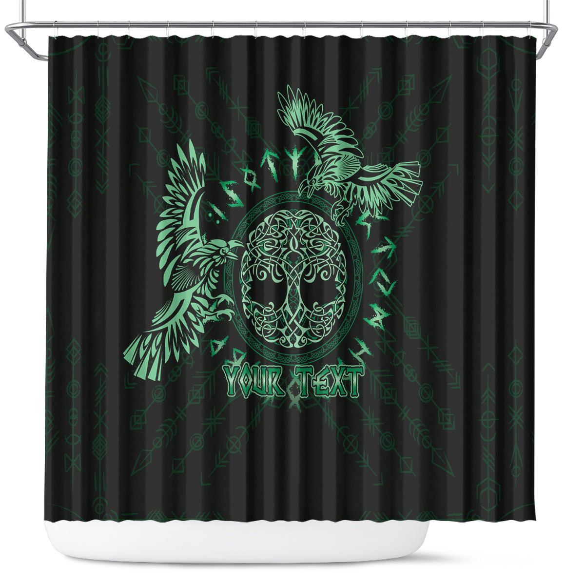 Personalized Odin's Celtic Raven Shower Curtain Green Scandinavian Tattoo