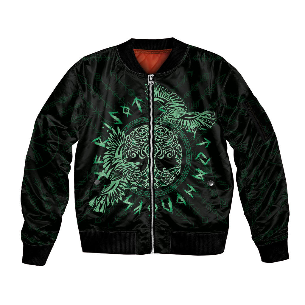 Personalized Odin's Celtic Raven Sleeve Zip Bomber Jacket Green Scandinavian Tattoo