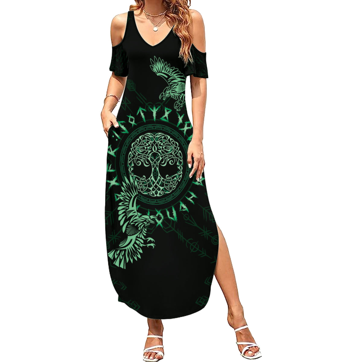 Personalized Odin's Celtic Raven Summer Maxi Dress Green Scandinavian Tattoo