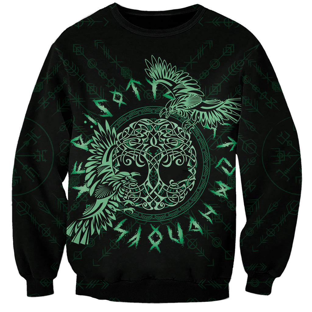 Unisex sweatshirt with large green raven tattoo graphic and geometric rune pattern