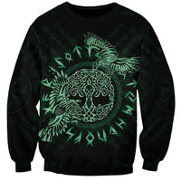 Unisex sweatshirt with large green raven tattoo graphic and geometric rune pattern