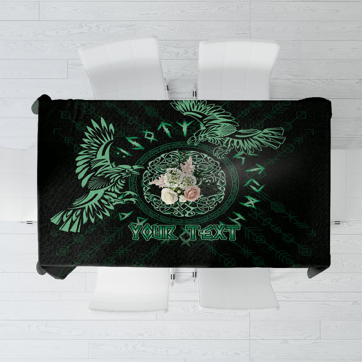 Personalized Odin's Celtic Raven Tablecloth Green Scandinavian Tattoo