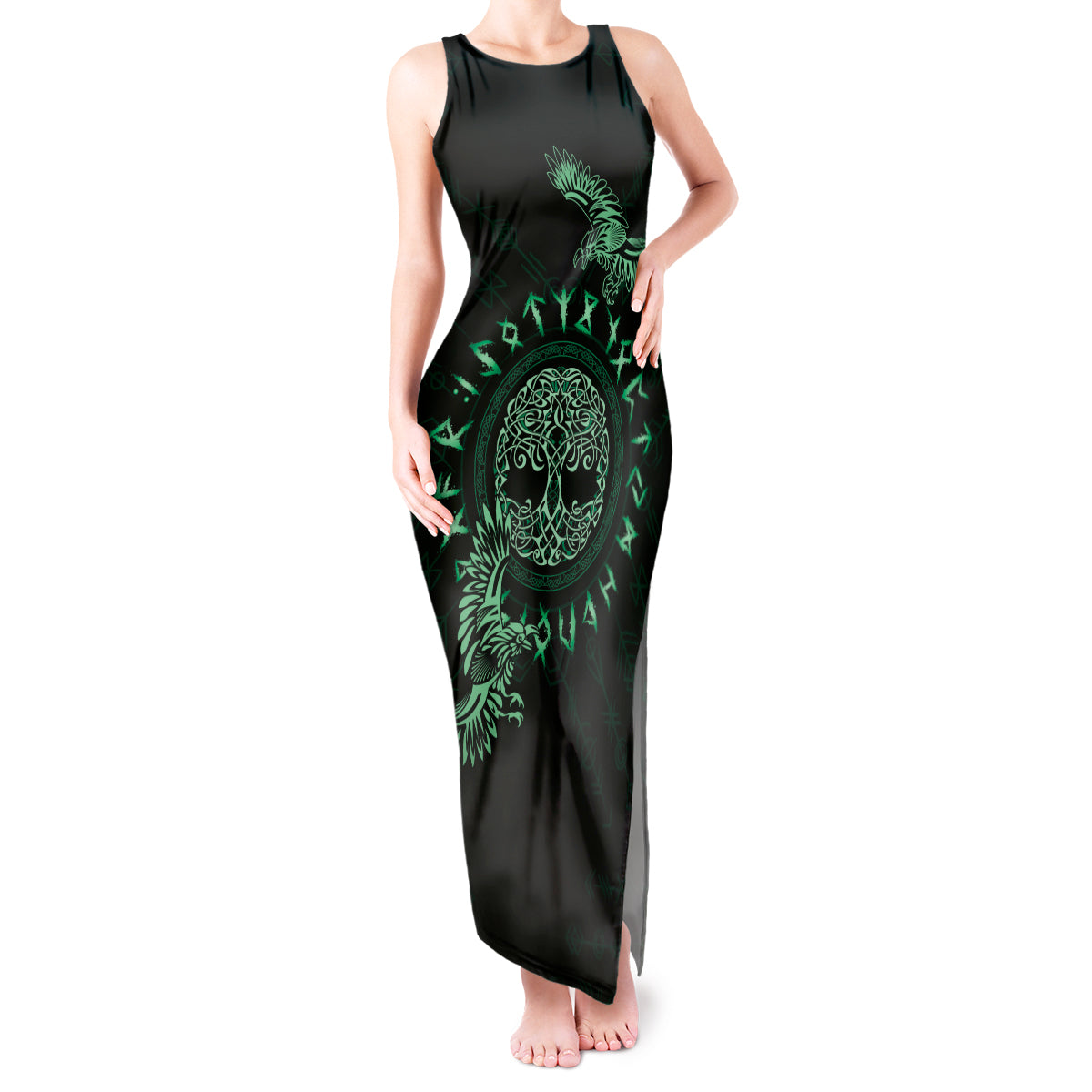 Personalized Odin's Celtic Raven Tank Maxi Dress Green Scandinavian Tattoo