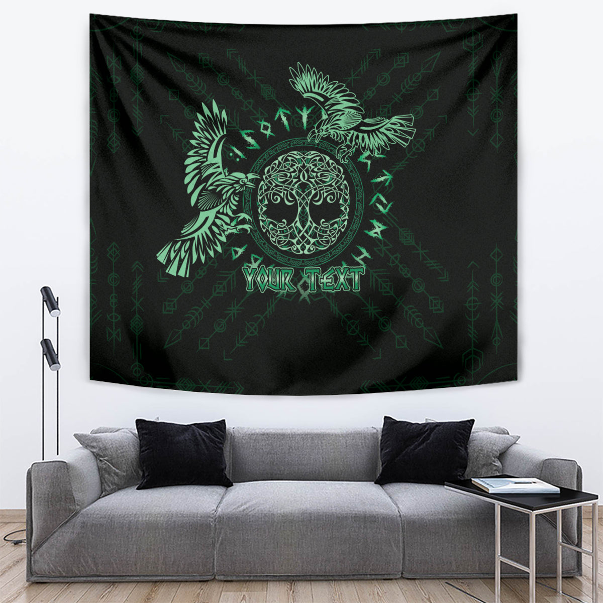 Green rune-pattern Celtic raven tapestry with 'YOUR TEXT' in center