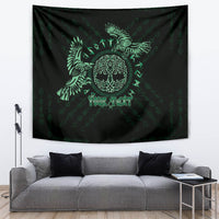 Green rune-pattern Celtic raven tapestry with 'YOUR TEXT' in center