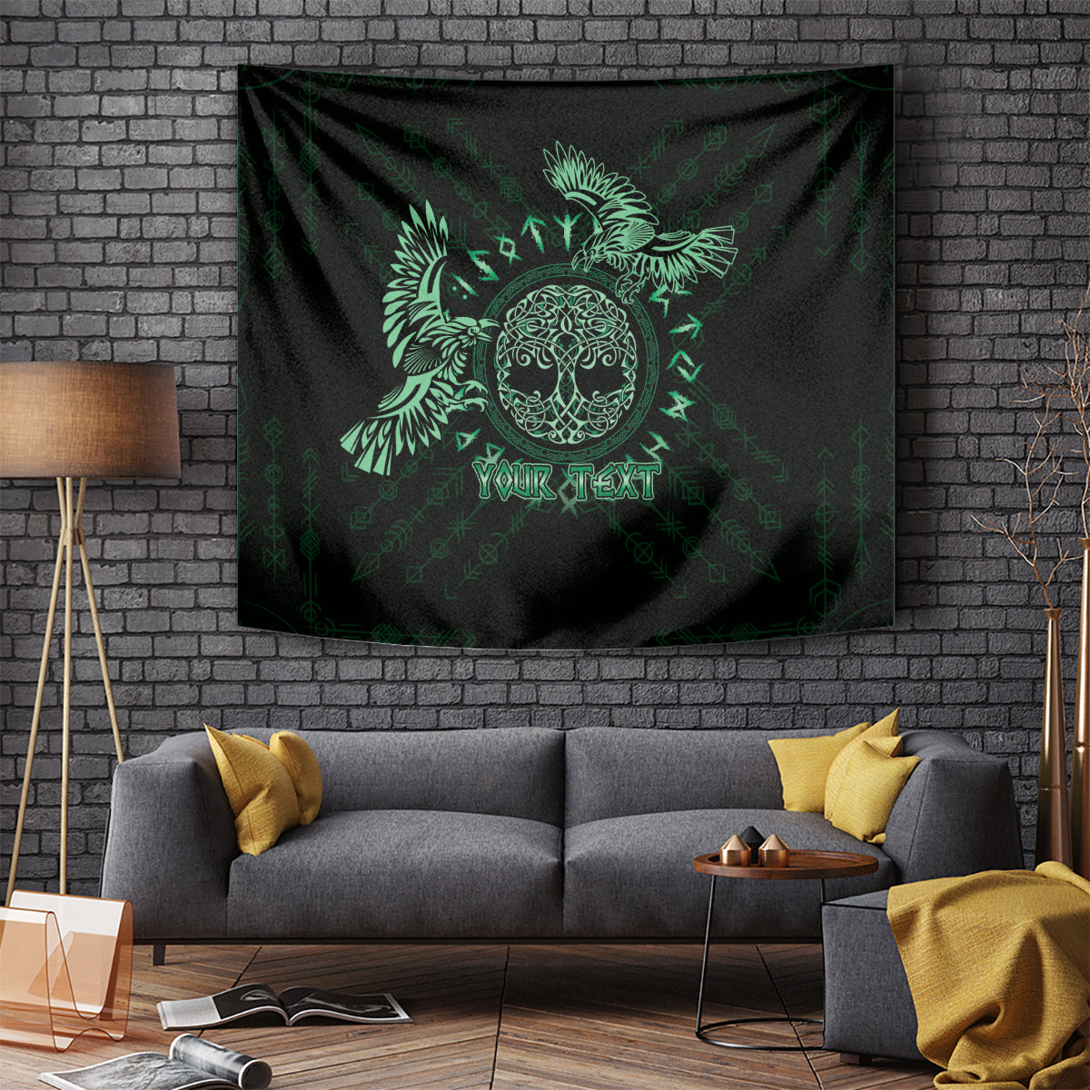 Celtic raven tapestry with 'YOUR TEXT' and glowing green emblem on dark background
