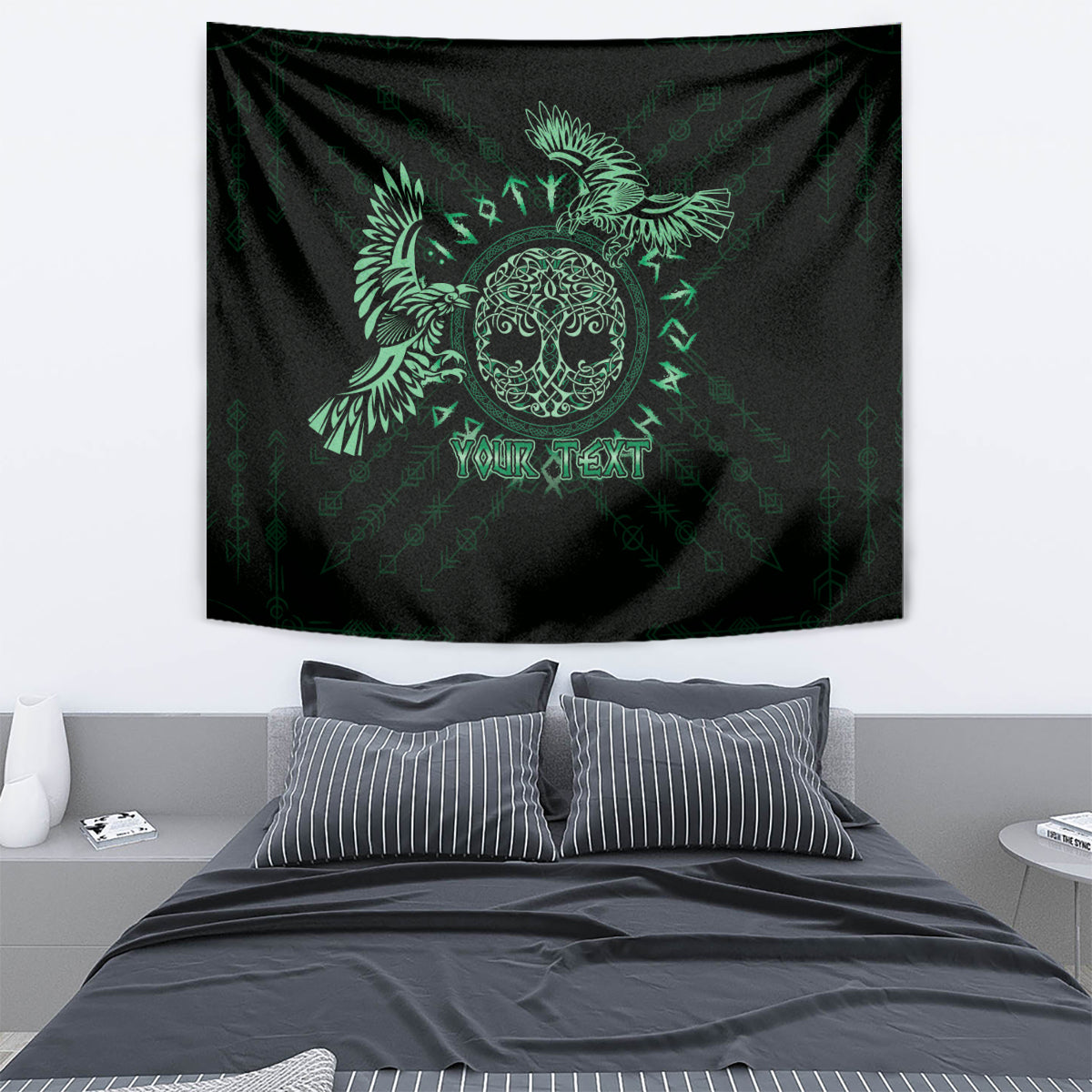 Celtic raven wall tapestry with green raven graphic and 'YOUR TEXT' lettering