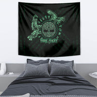 Celtic raven wall tapestry with green raven graphic and 'YOUR TEXT' lettering