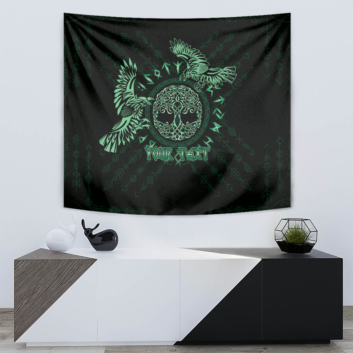 Celtic raven tapestry featuring a green circular emblem and 'YOUR TEXT' text